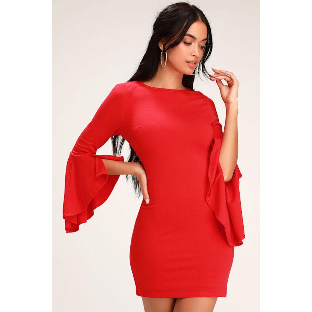 Lulus Gimme Some Flair Red Flounce Sleeve Bodycon Dress - Size S